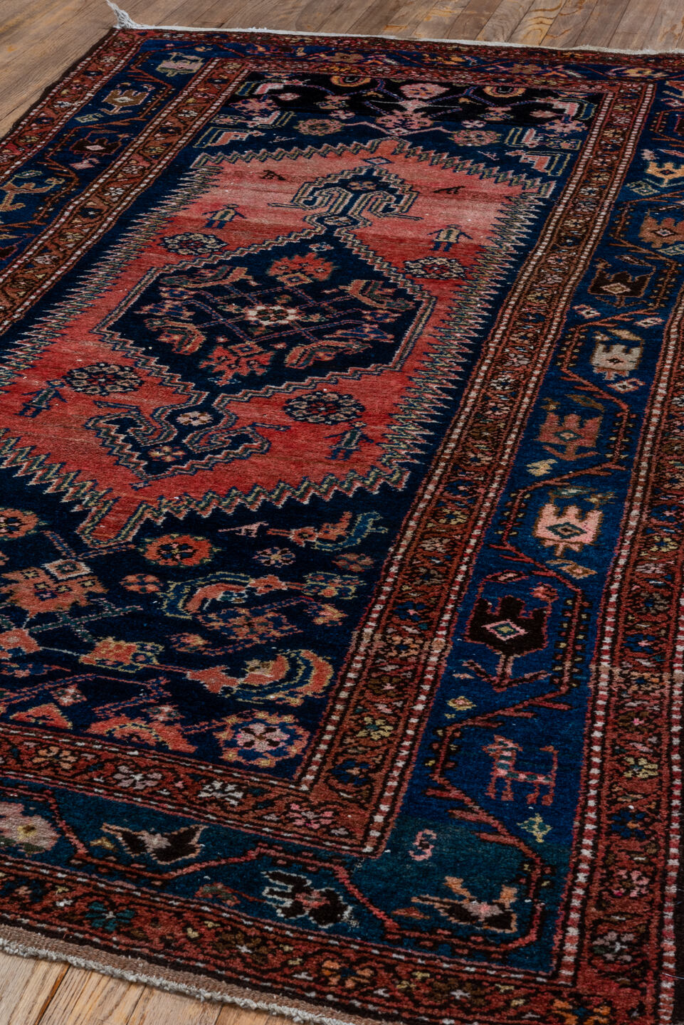 3' x 7' one-of-a-kind handmade vintage Malayer rug. Color palette: navy, rose, rust, ivory, coral, teal, charcoal, blue