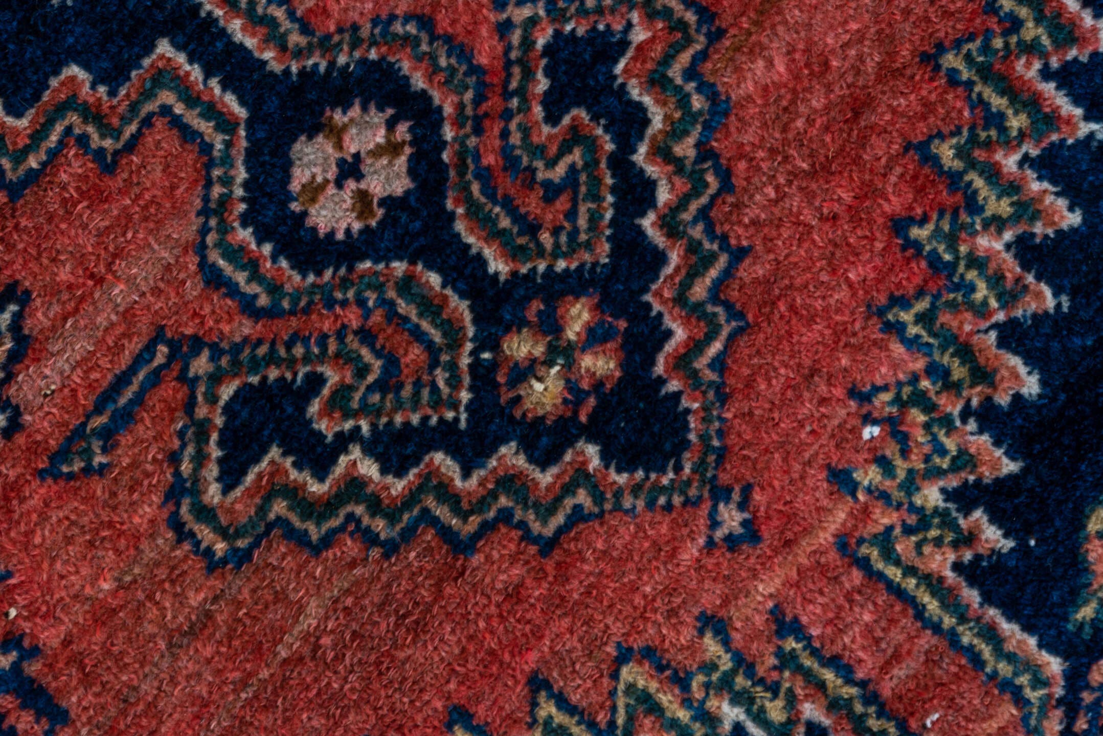 3' x 7' one-of-a-kind handmade vintage Malayer rug. Color palette: navy, rose, rust, ivory, coral, teal, charcoal, blue