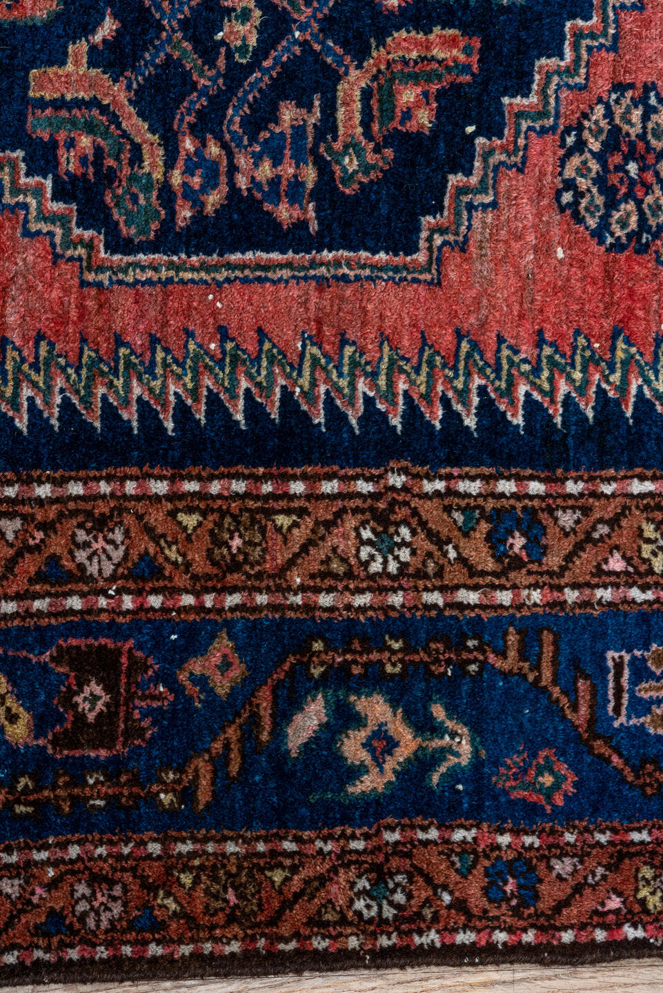3' x 7' one-of-a-kind handmade vintage Malayer rug. Color palette: navy, rose, rust, ivory, coral, teal, charcoal, blue