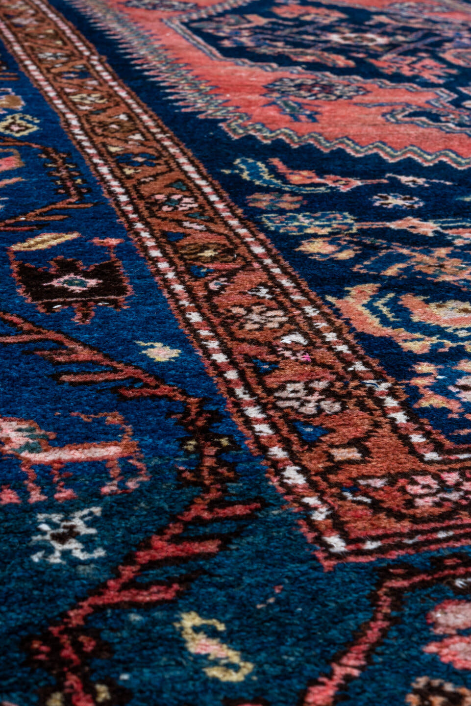 3' x 7' one-of-a-kind handmade vintage Malayer rug. Color palette: navy, rose, rust, ivory, coral, teal, charcoal, blue
