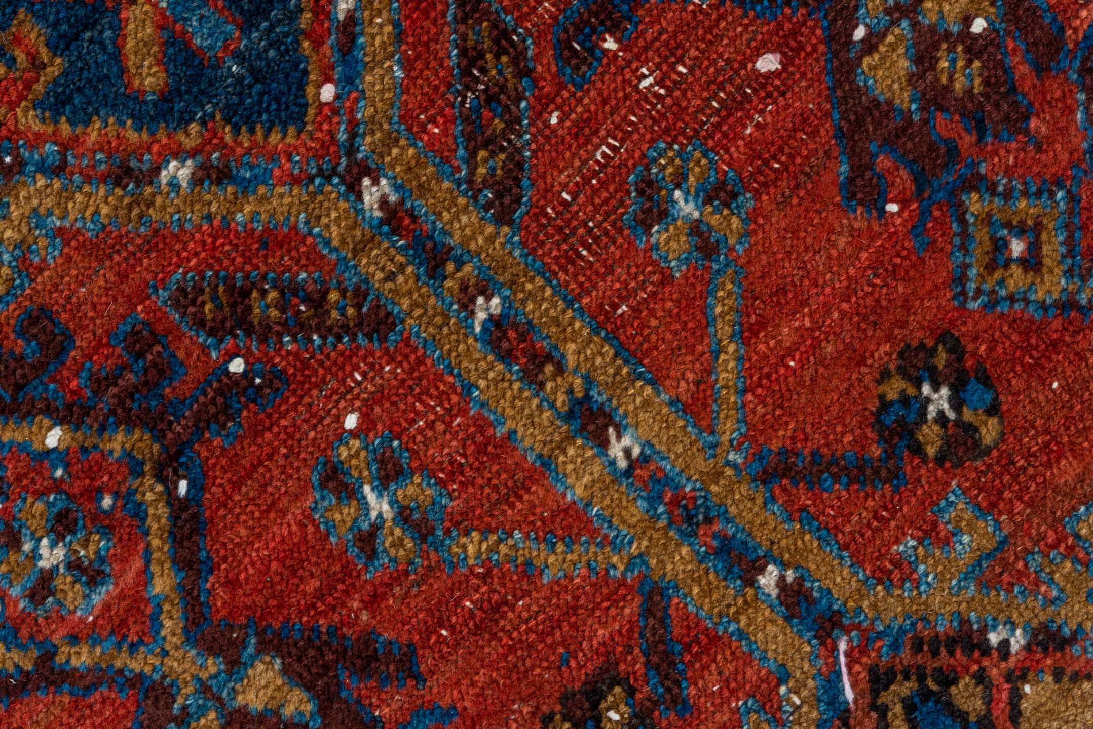 3' x 13' one-of-a-kind handmade vintage Heriz runner rug. Color palette: blue, brown, gray, maroon, pink, red