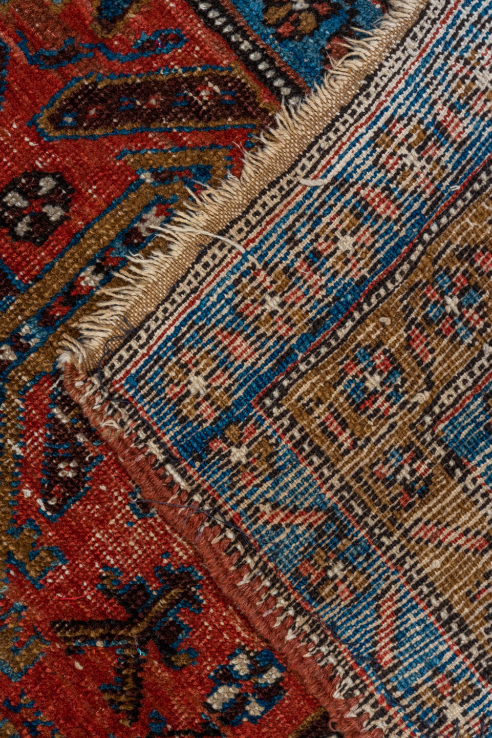 3' x 13' one-of-a-kind handmade vintage Heriz runner rug. Color palette: rust, navy, sky blue, camel, ivory, terracotta