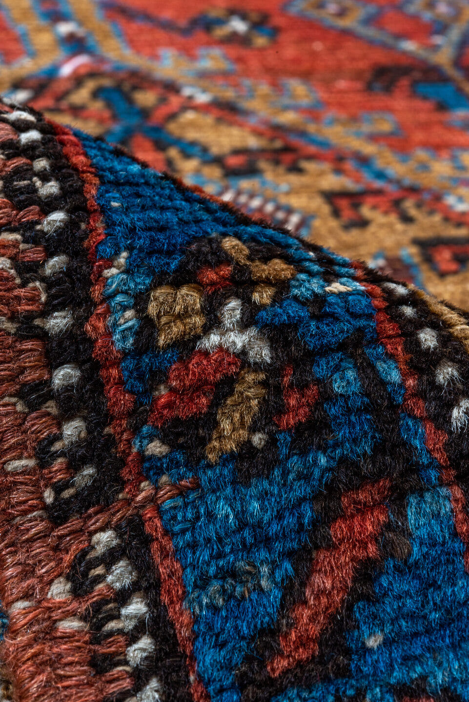 3' x 13' one-of-a-kind handmade vintage Heriz runner rug. Color palette: rust, navy, sky blue, camel, ivory, terracotta