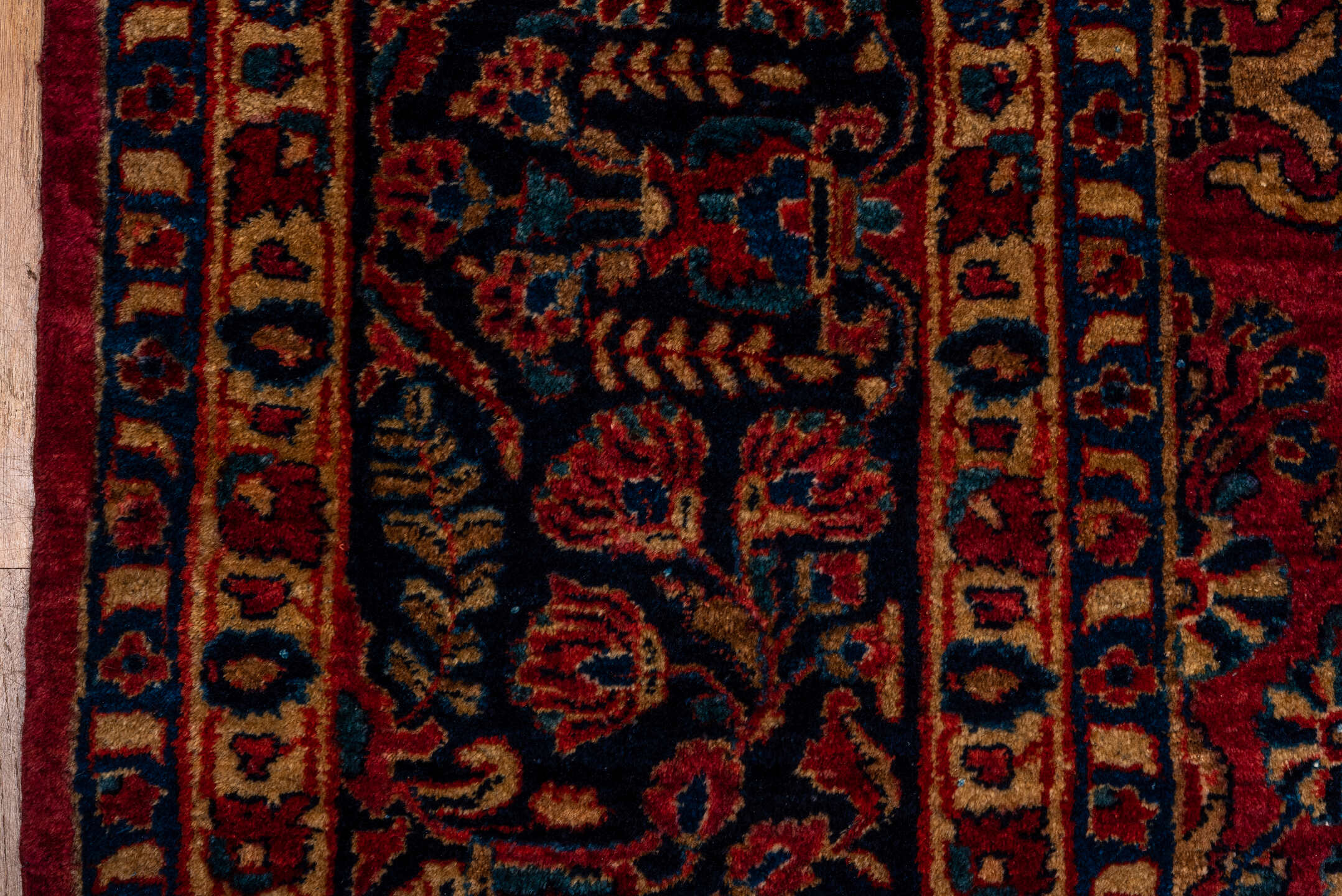 10' x 14' one-of-a-kind handmade vintage Sarouk large size rug. Color palette: red, navy, ivory, rust, gold, camel, slate