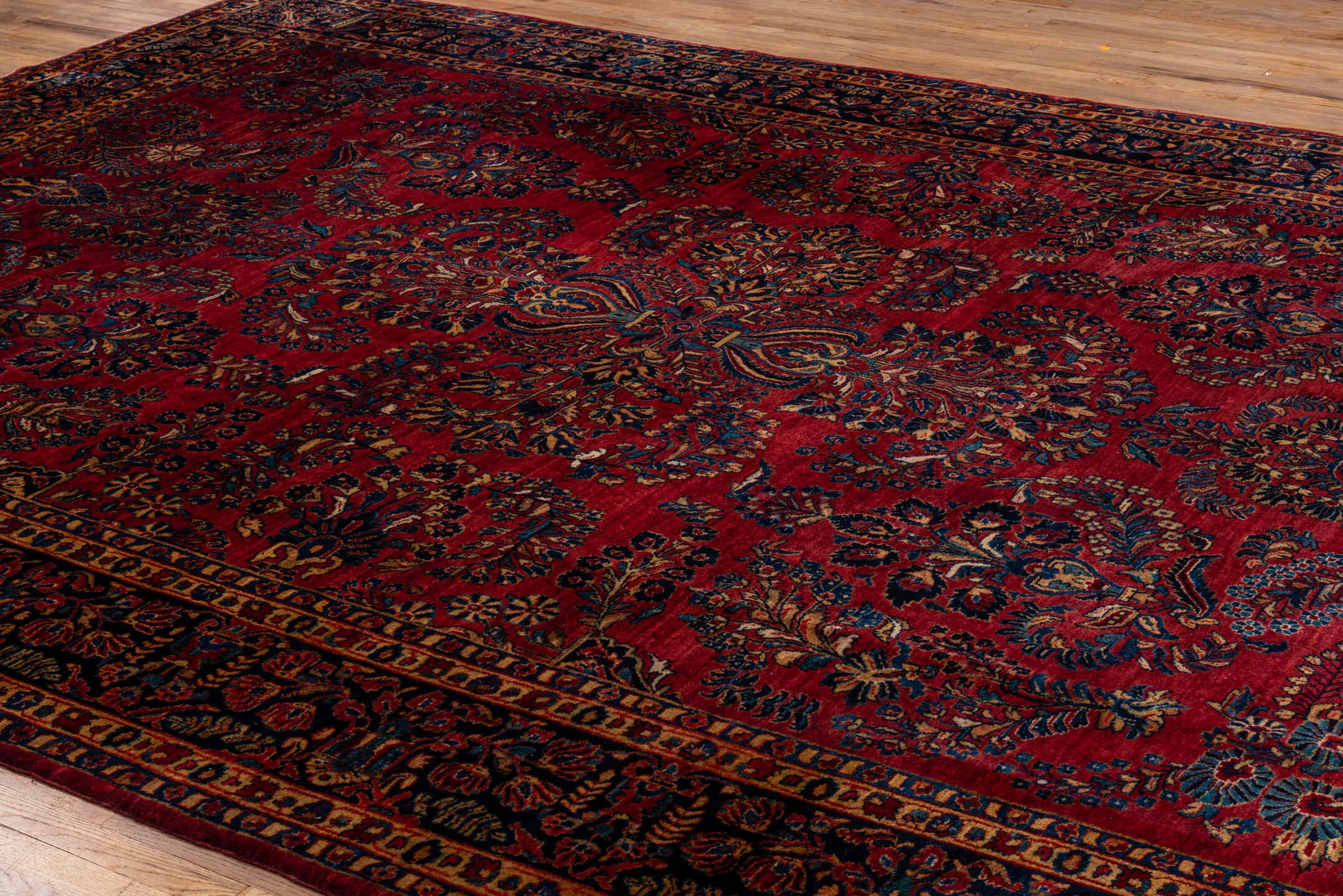 10' x 14' one-of-a-kind handmade vintage Sarouk large size rug. Color palette: red, navy, ivory, rust, gold, camel, slate