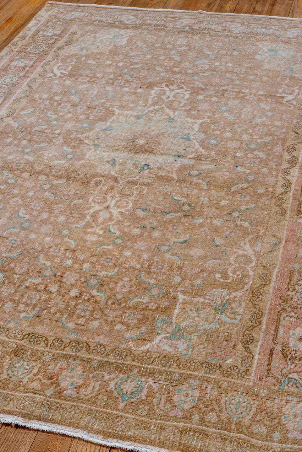 3' x 5' one-of-a-kind handmade vintage Bidjar small size rug. Color palette: camel, blush, taupe, ivory, pale aqua, beige