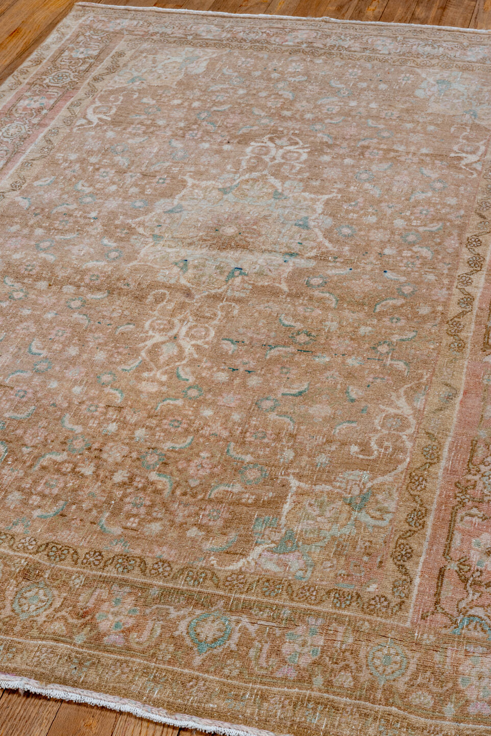 3' x 5' one-of-a-kind handmade vintage Bidjar small size rug. Color palette: camel, blush, taupe, ivory, pale aqua, beige