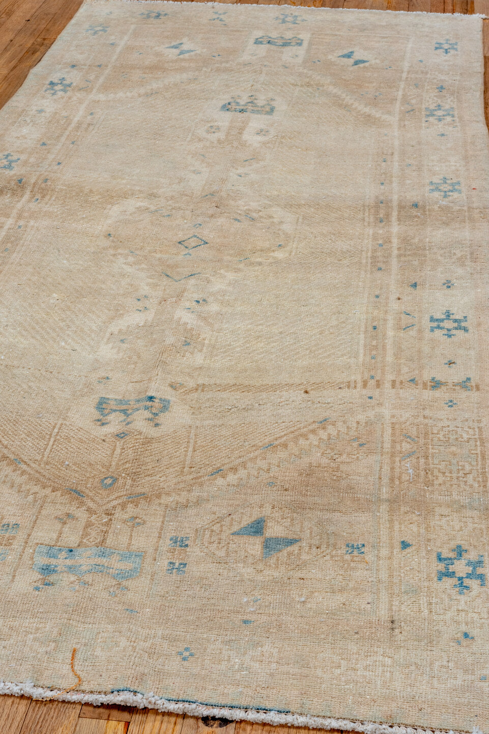 3' x 7' one-of-a-kind handmade vintage Sarab runner rug. Color palette: beige, ivory, sky blue, taupe, camel, light blue