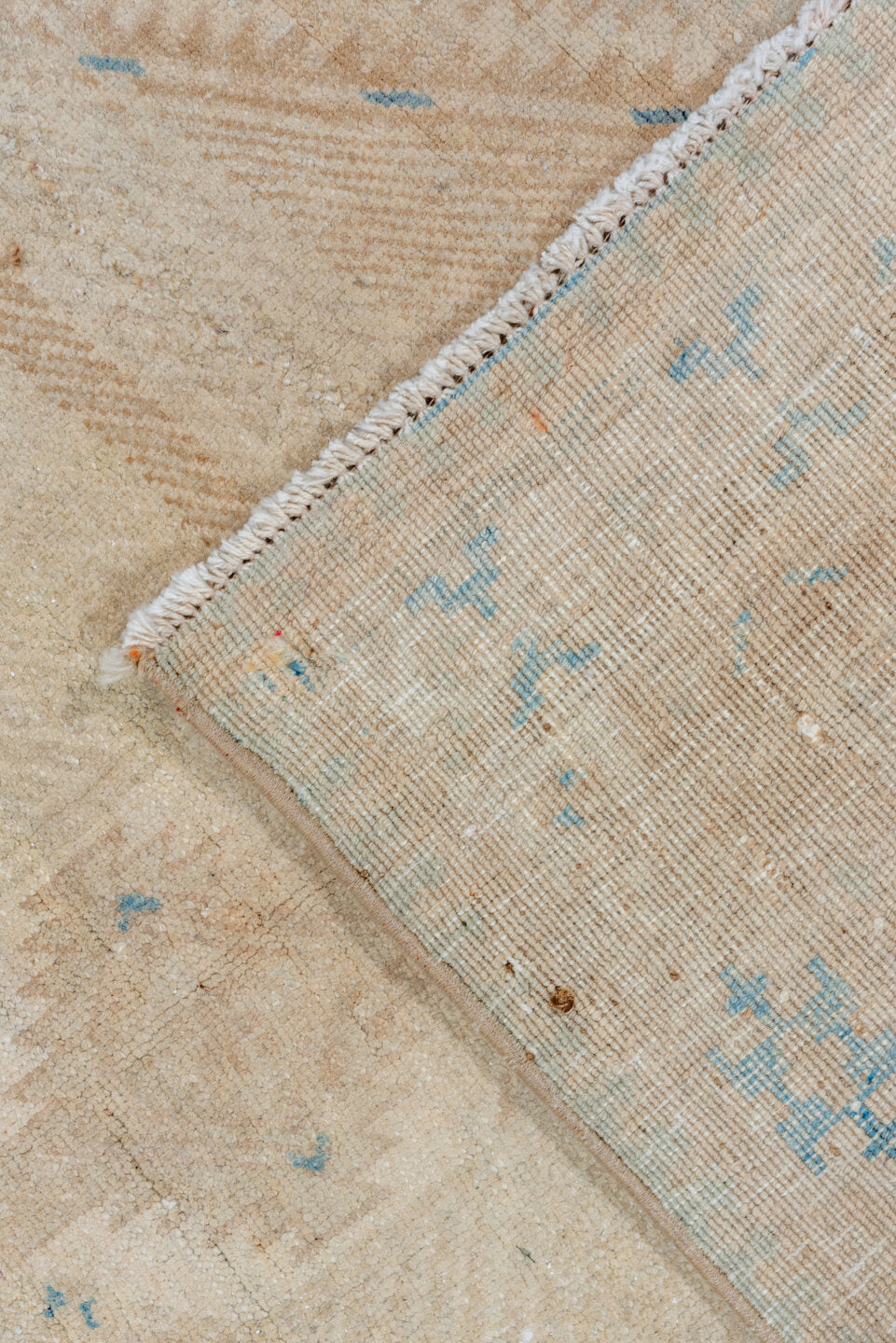 3' x 7' one-of-a-kind handmade vintage Sarab runner rug. Color palette: beige, ivory, sky blue, taupe, camel, light blue