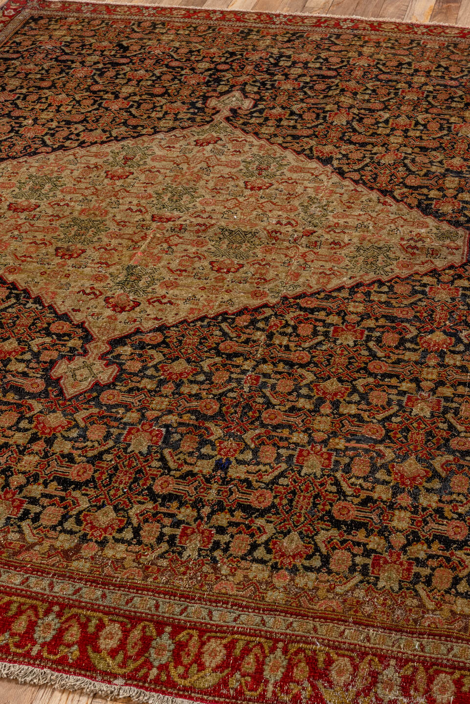 4' x 6' one-of-a-kind handmade vintage Senne small size rug. Color palette: ivory, charcoal, rust, burgundy, camel, sage