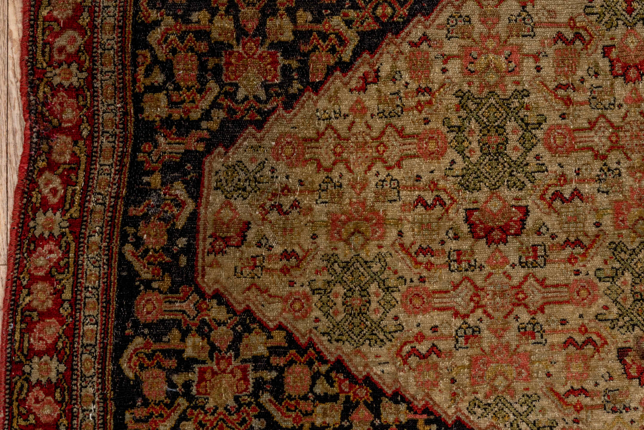4' x 6' one-of-a-kind handmade vintage Senne small size rug. Color palette: ivory, charcoal, rust, burgundy, camel, sage