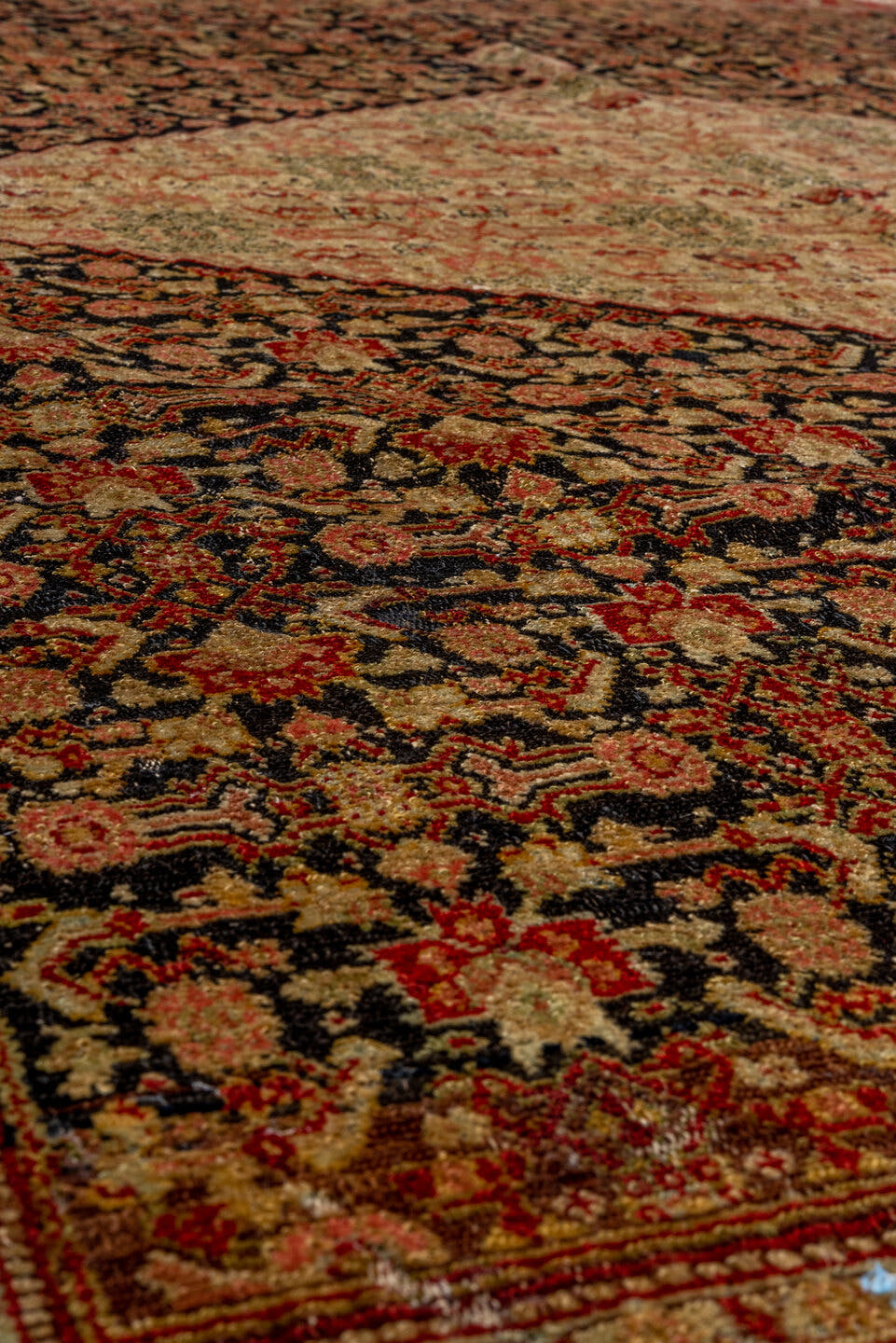 4' x 6' one-of-a-kind handmade vintage Senne small size rug. Color palette: ivory, charcoal, rust, burgundy, camel, sage