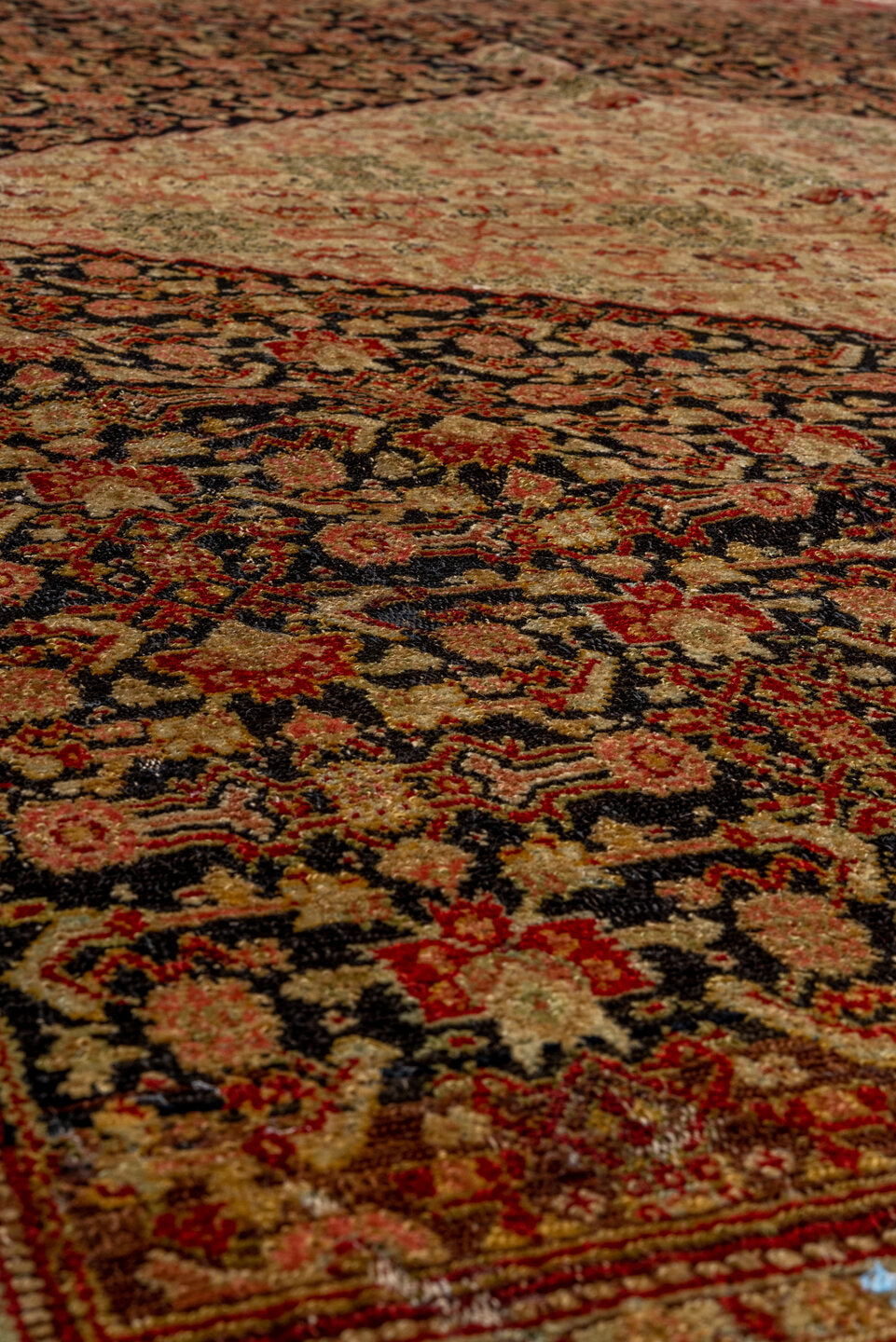 4' x 6' one-of-a-kind handmade vintage Senne small size rug. Color palette: ivory, charcoal, rust, burgundy, camel, sage