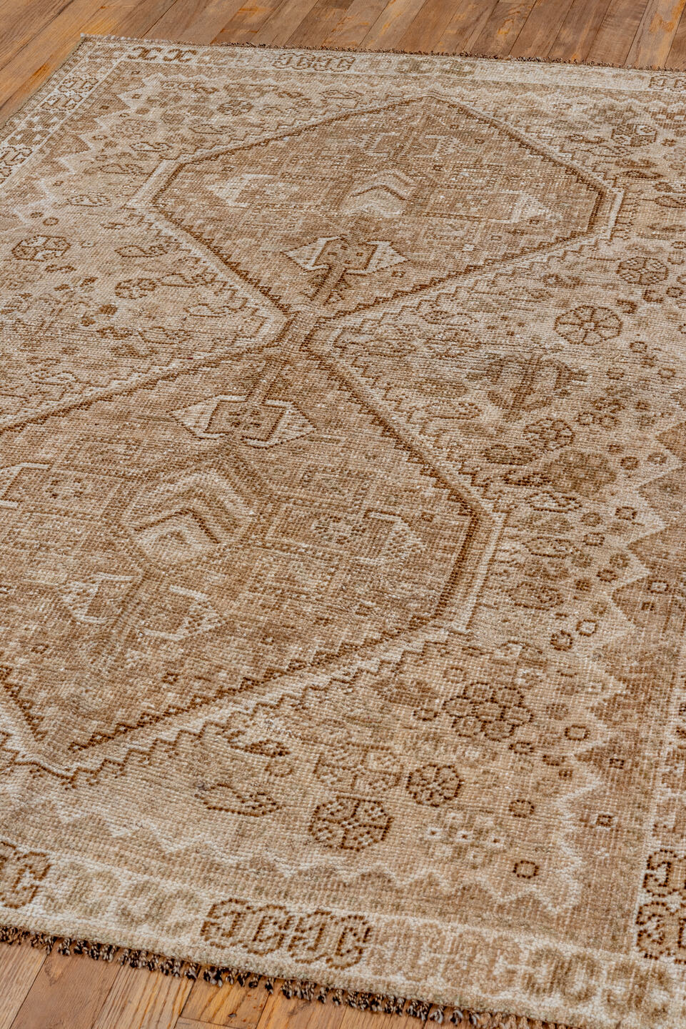 3' x 5' one-of-a-kind handmade vintage Shiraz small size rug. Color palette: tan, ivory, taupe, camel, brown, beige, gray