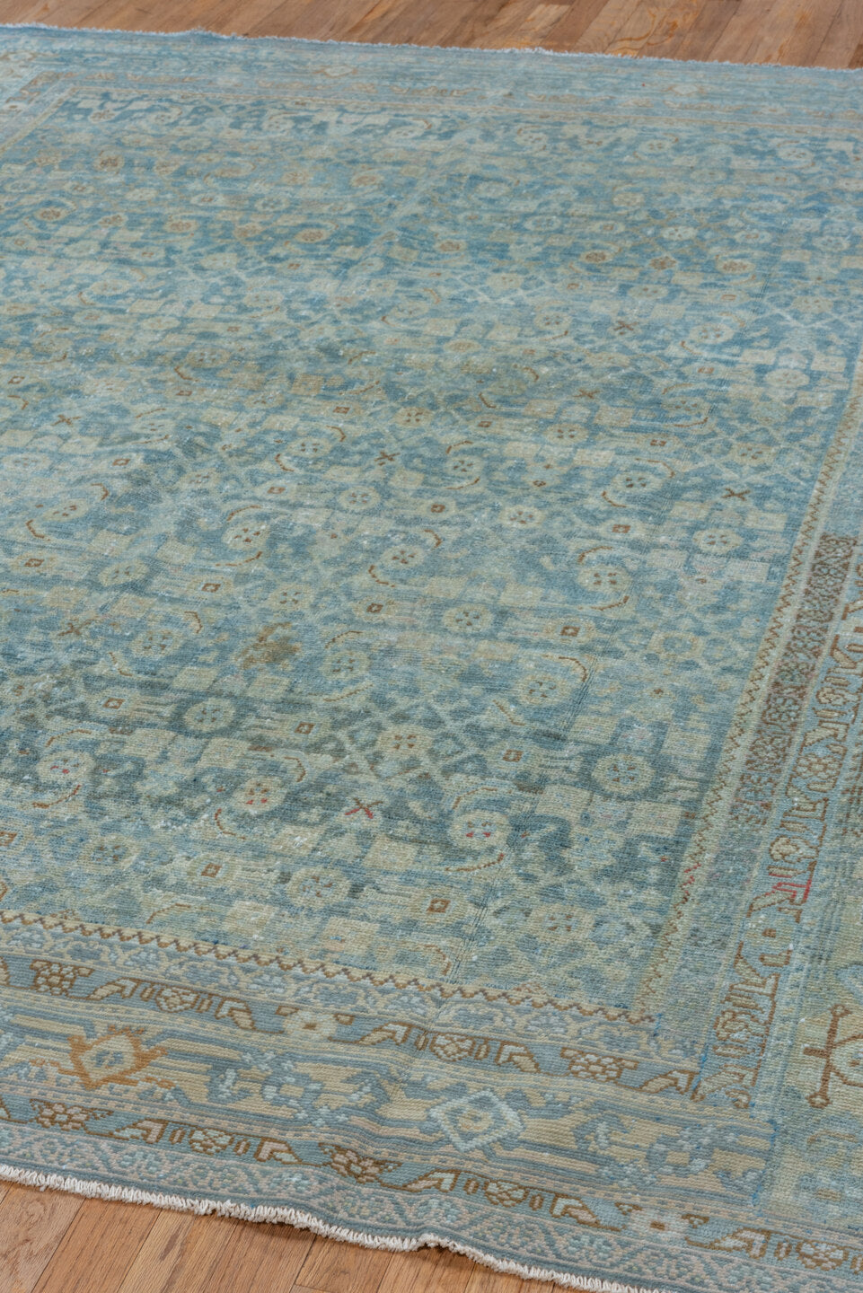 6' x 8' one-of-a-kind handmade vintage Malayer medium size rug. Color palette: light blue, ivory, taupe, rust, beige, slate