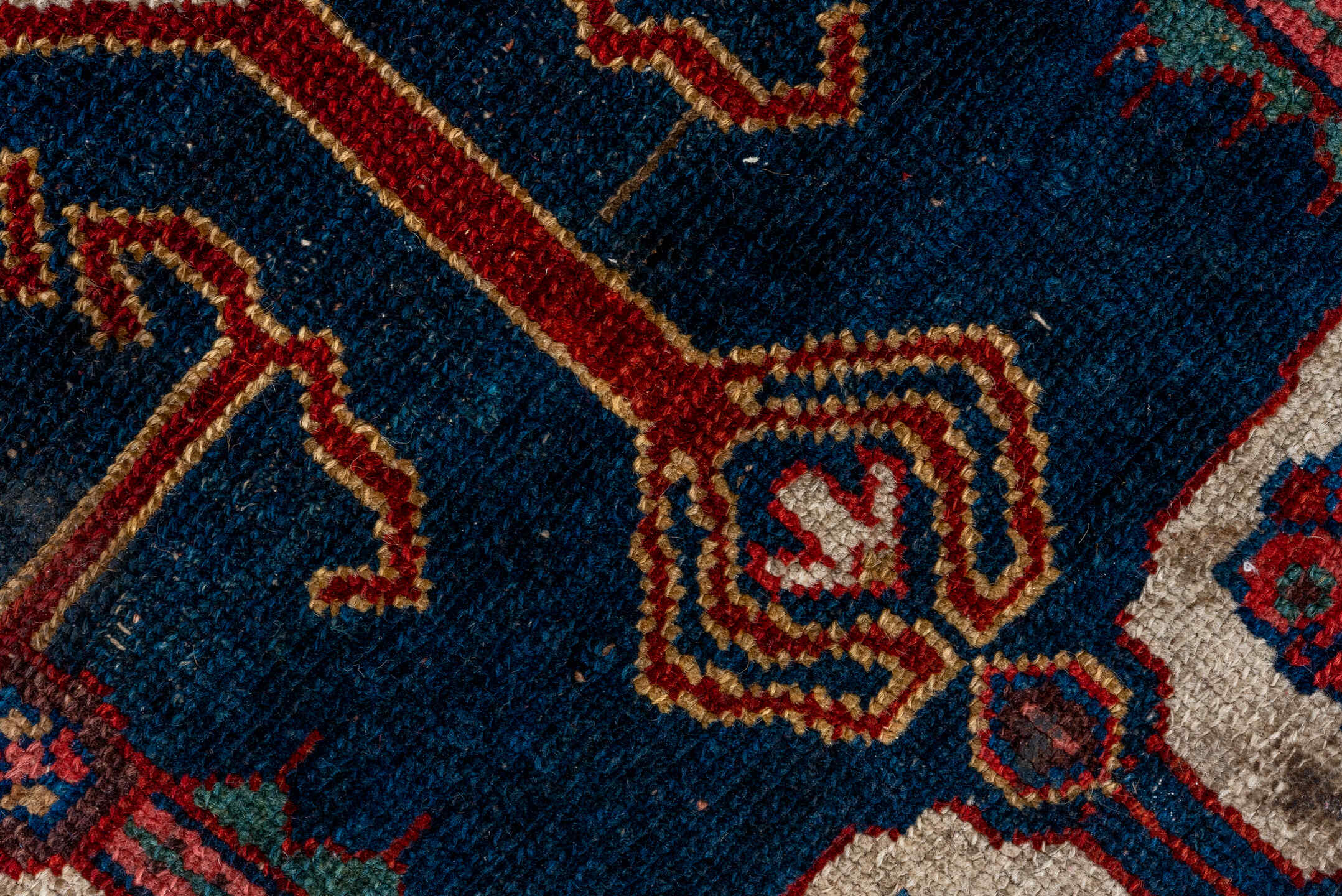 4' x 7' one-of-a-kind handmade antique Malayer rug. Color palette: crimson, navy, ivory, burgundy, camel, cobalt, taupe, red
