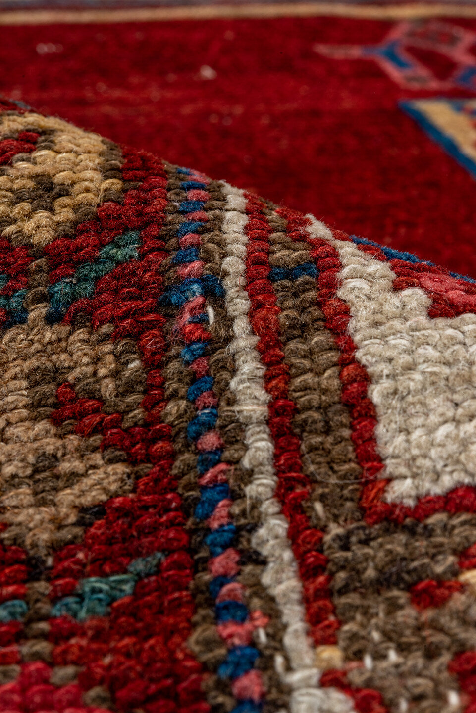 4' x 7' one-of-a-kind handmade antique Malayer rug. Color palette: crimson, navy, ivory, burgundy, camel, cobalt, taupe, red