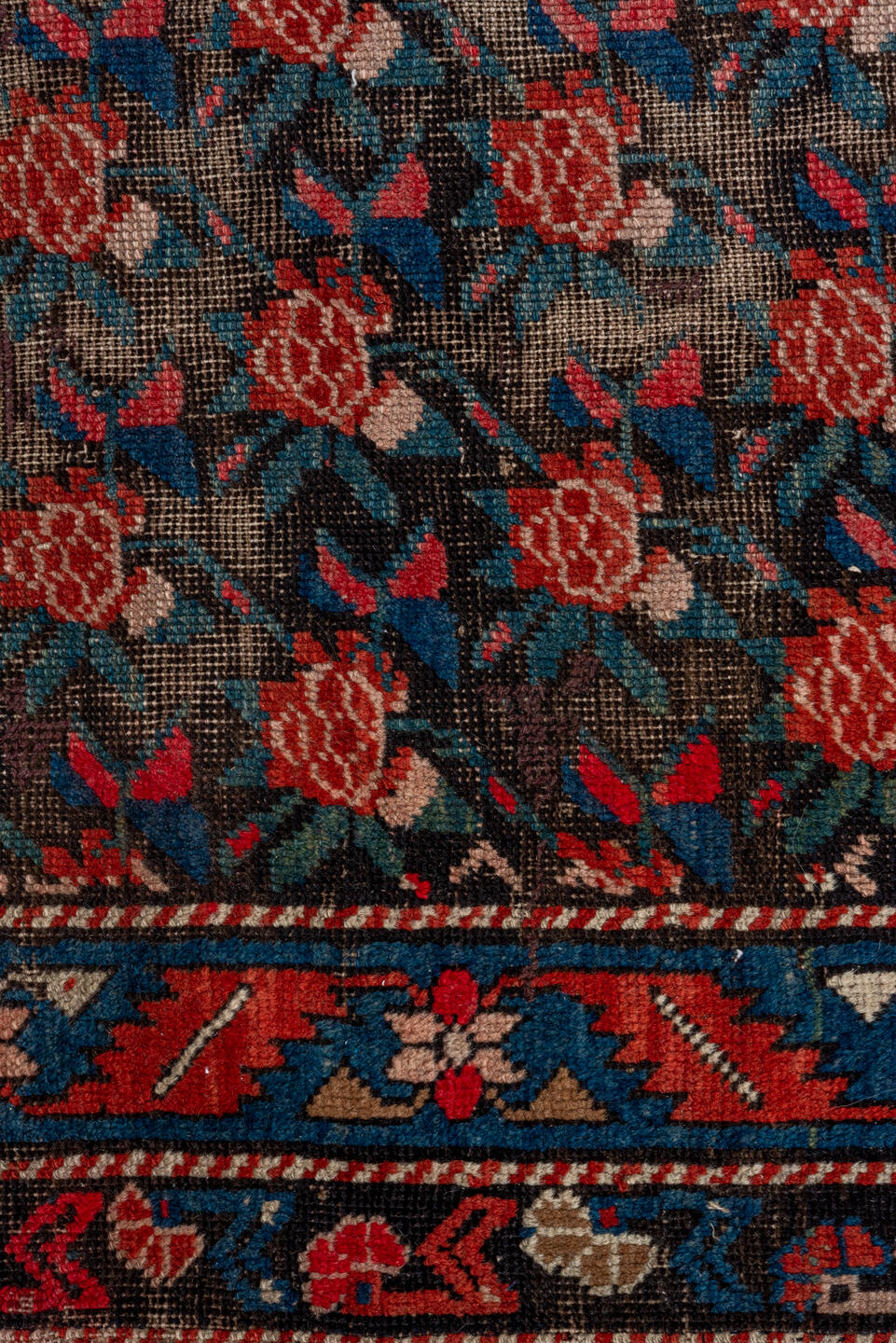 4' x 8' one-of-a-kind handmade antique Karabagh runner rug. Color palette: charcoal, rust, indigo, crimson, ivory, slate