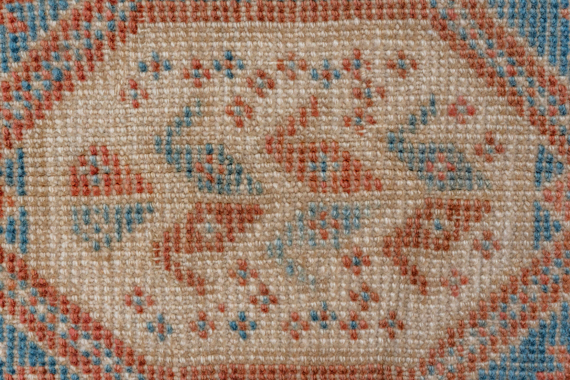 7' x 9' one-of-a-kind handmade vintage Shiraz rug. Color palette: terra cotta, ivory, sky blue, rust, beige, slate