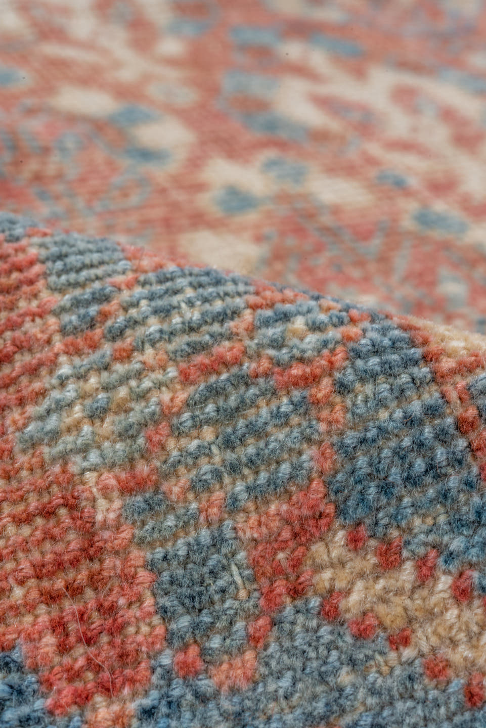 7' x 9' one-of-a-kind handmade vintage Shiraz rug. Color palette: terra cotta, ivory, sky blue, rust, beige, slate