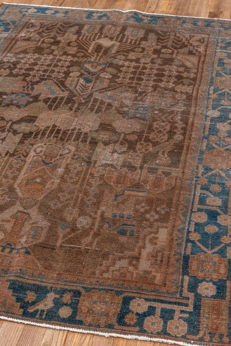 4' x 6' one-of-a-kind handmade vintage Malayer small size rug. Color palette: taupe, brown, sky_blue, ivory, camel, slate