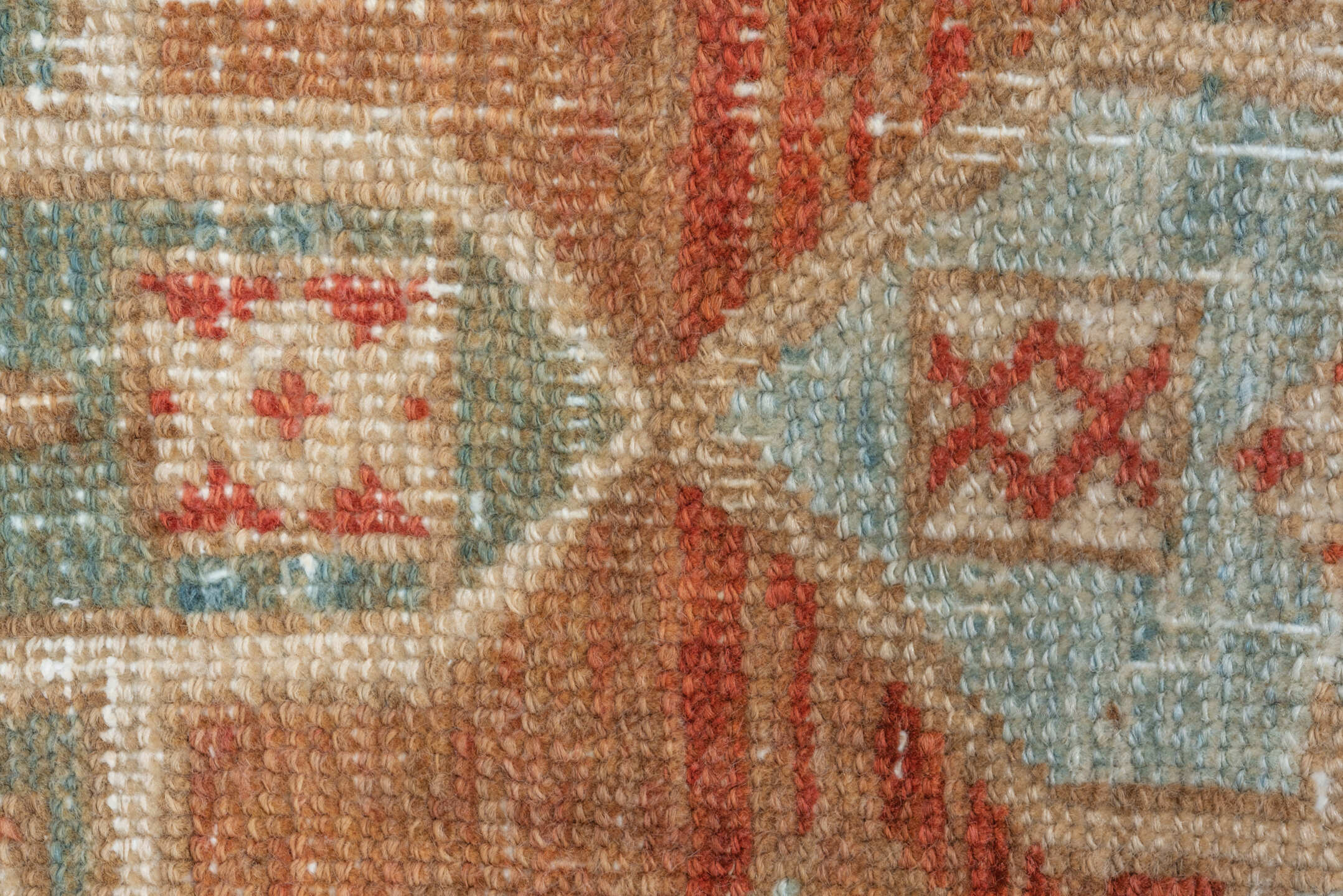 3' x 5' one-of-a-kind handmade vintage Heriz small size rug. Color palette: terra cotta, ivory, pale blue, rust, camel, sage
