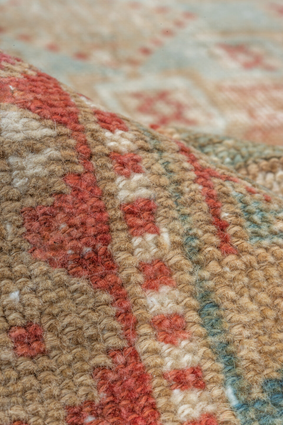 3' x 5' one-of-a-kind handmade vintage Heriz small size rug. Color palette: terra cotta, ivory, pale blue, rust, camel, sage