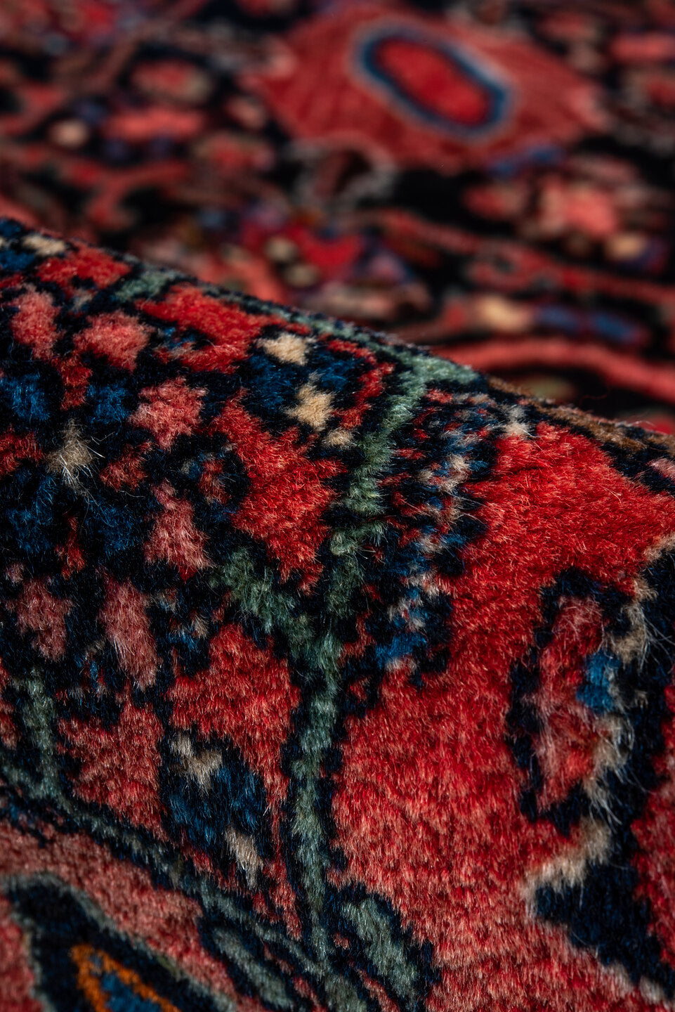 3' x 5' one-of-a-kind handmade vintage Bidjar small size rug. Color palette: coral, navy, sky blue, rose, ivory, charcoal