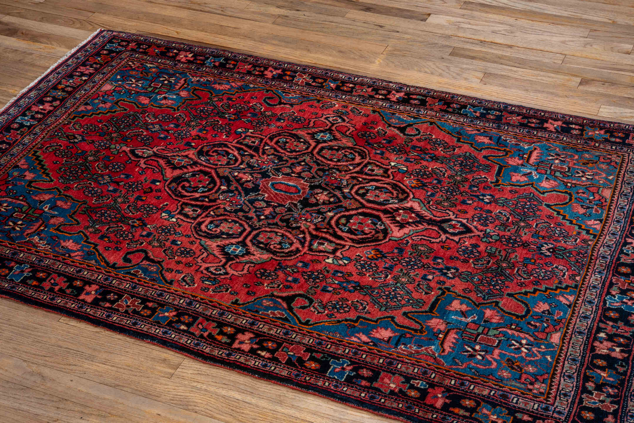 3' x 5' one-of-a-kind handmade vintage Bidjar small size rug. Color palette: coral, navy, sky blue, rose, ivory, charcoal