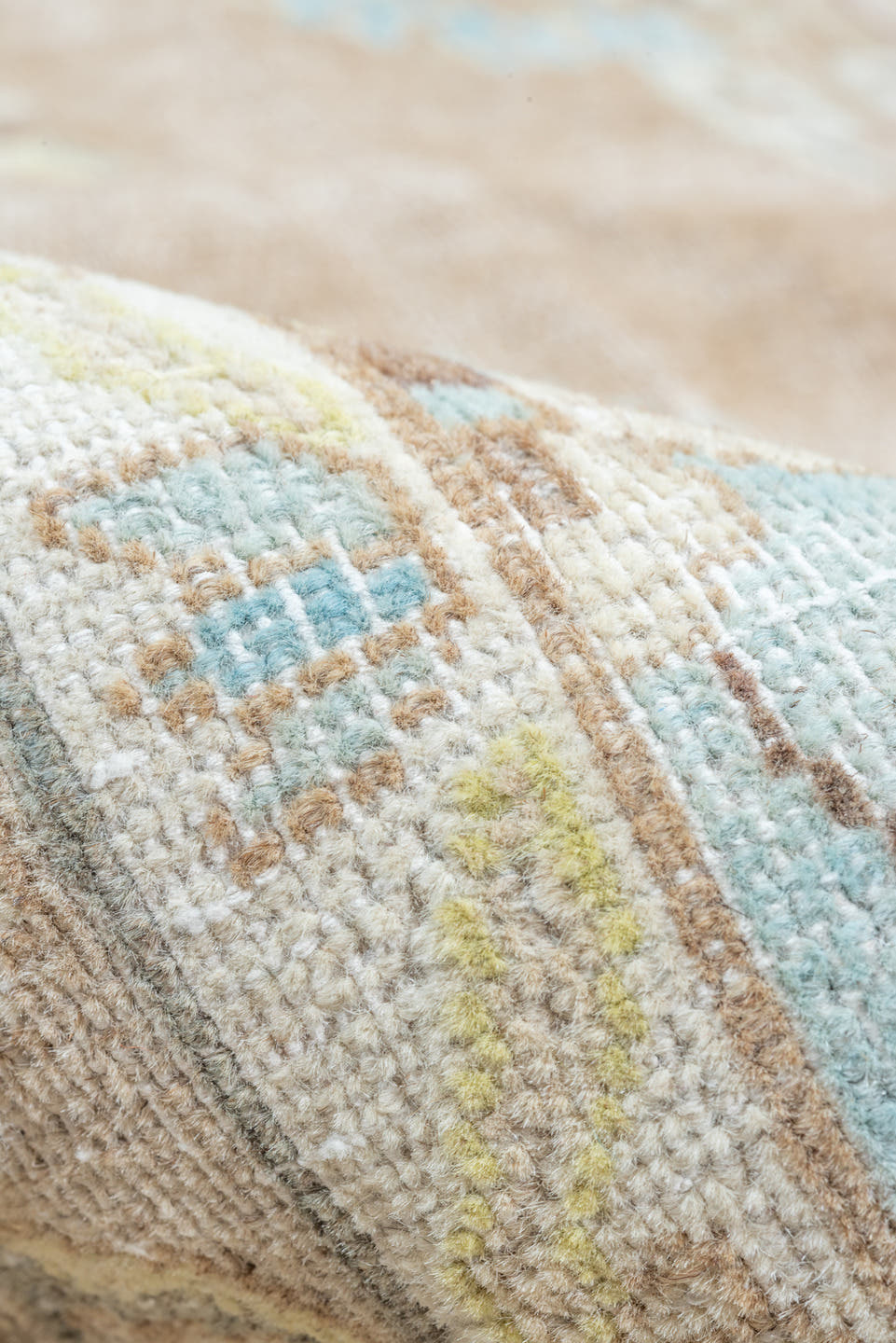 9' x 12' one-of-a-kind handmade vintage Kerman large size rug. Color palette: taupe, ivory, aqua, beige, cream, pale gold