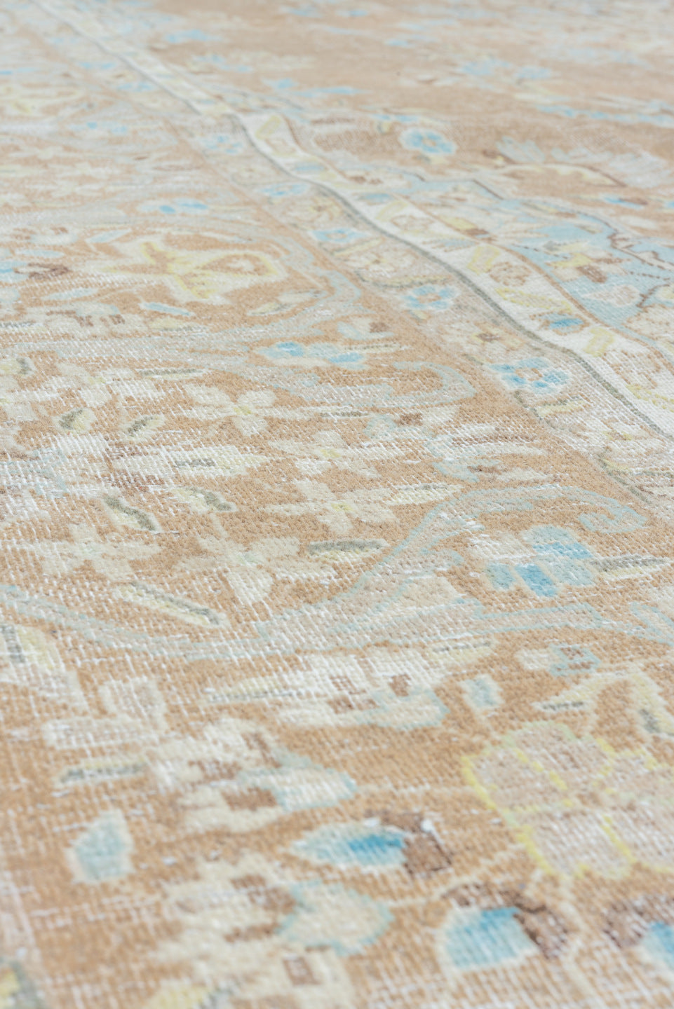 9' x 12' one-of-a-kind handmade vintage Kerman large size rug. Color palette: taupe, ivory, aqua, beige, cream, pale gold