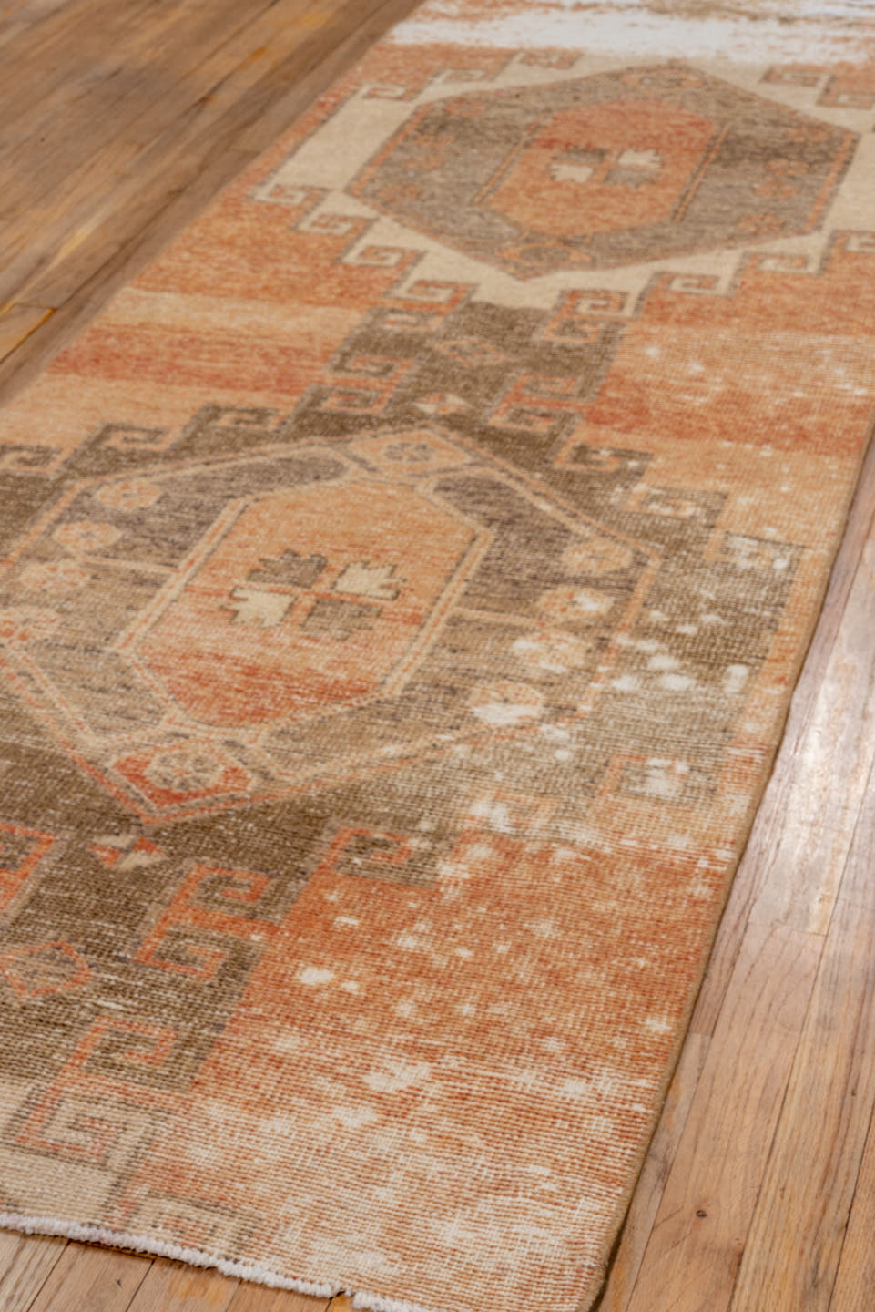 2' x 9' one-of-a-kind handmade vintage Oushak runner rug. Color palette: terra cotta, ivory, taupe, camel, peach, sage