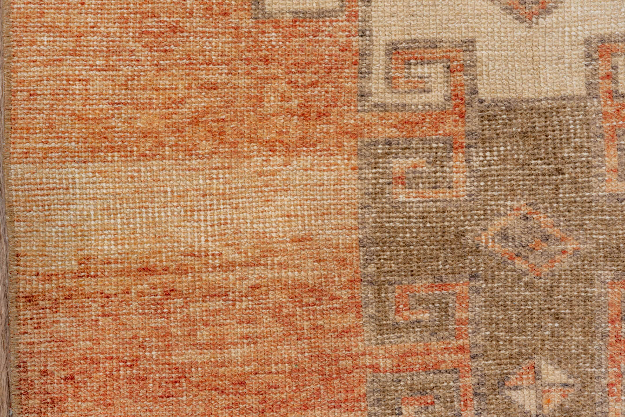 2' x 9' one-of-a-kind handmade vintage Oushak runner rug. Color palette: terra cotta, ivory, taupe, camel, peach, sage