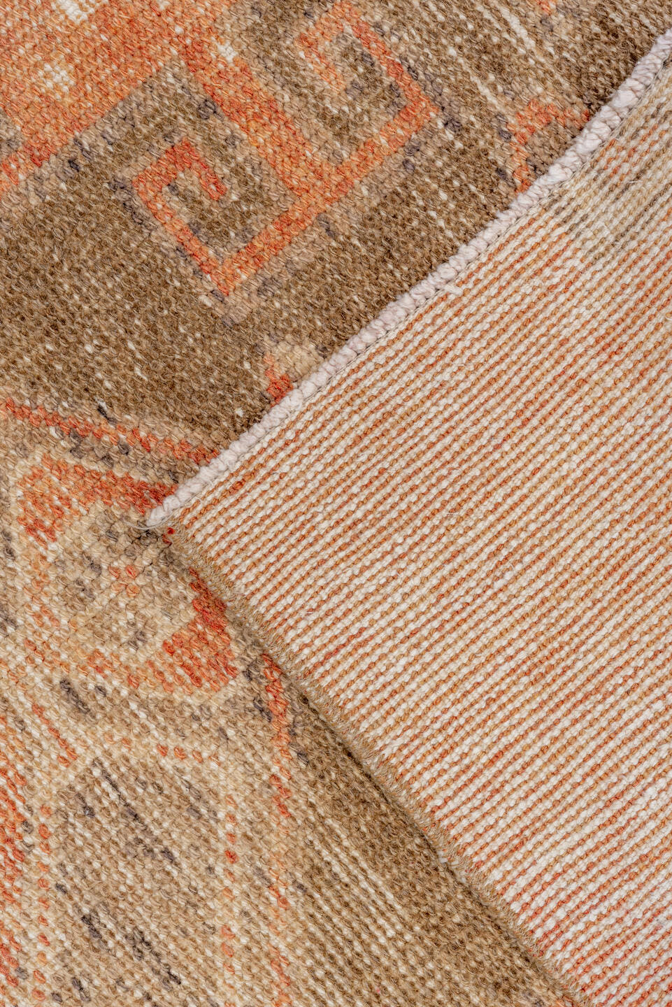 2' x 9' one-of-a-kind handmade vintage Oushak runner rug. Color palette: terra cotta, ivory, taupe, camel, peach, sage