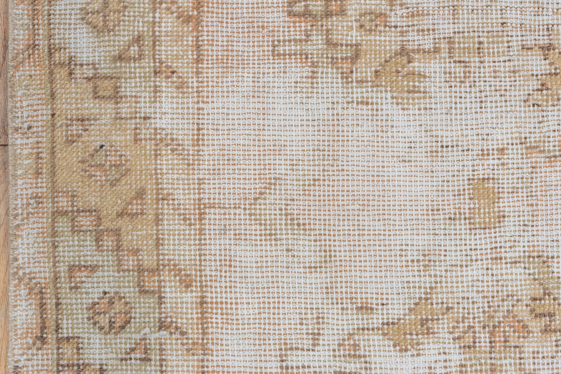 3' x 9' one-of-a-kind handmade vintage Oushak runner rug. Color palette: ivory, blush, taupe, beige, camel, sage