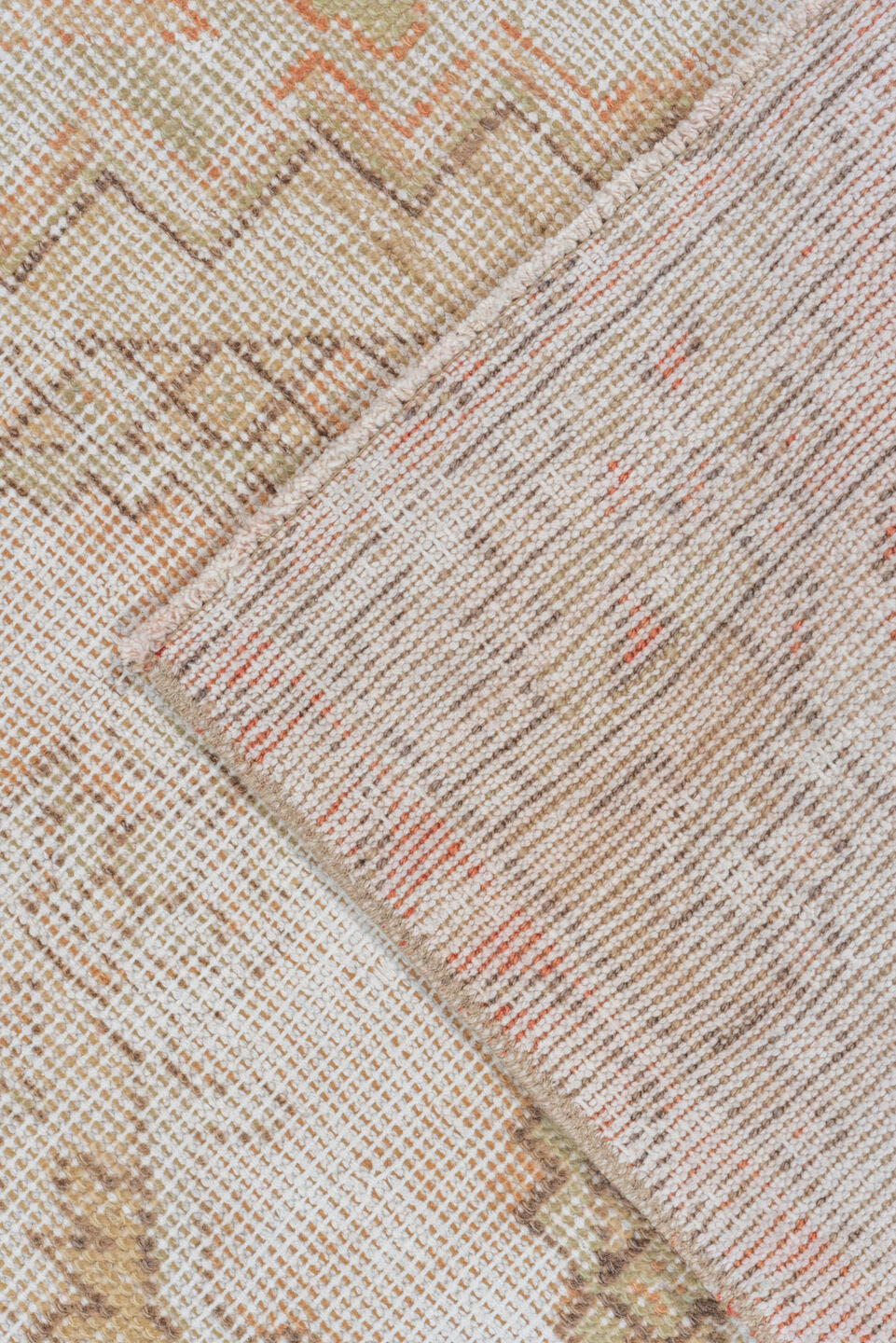 3' x 9' one-of-a-kind handmade vintage Oushak runner rug. Color palette: ivory, blush, taupe, beige, camel, sage