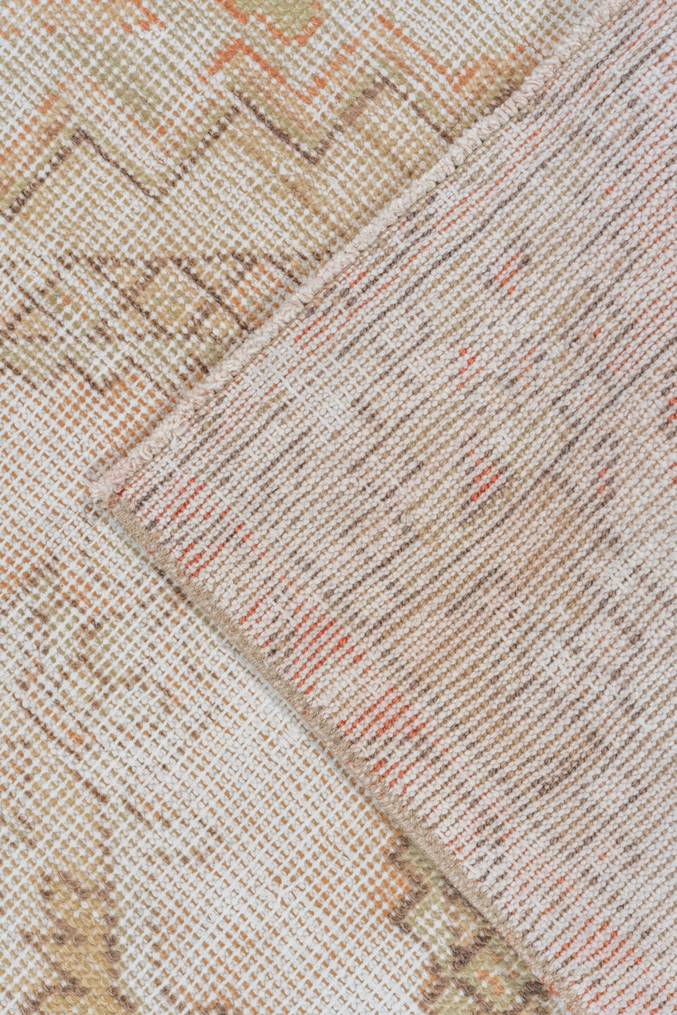 3' x 9' one-of-a-kind handmade vintage Oushak runner rug. Color palette: ivory, blush, taupe, beige, camel, sage