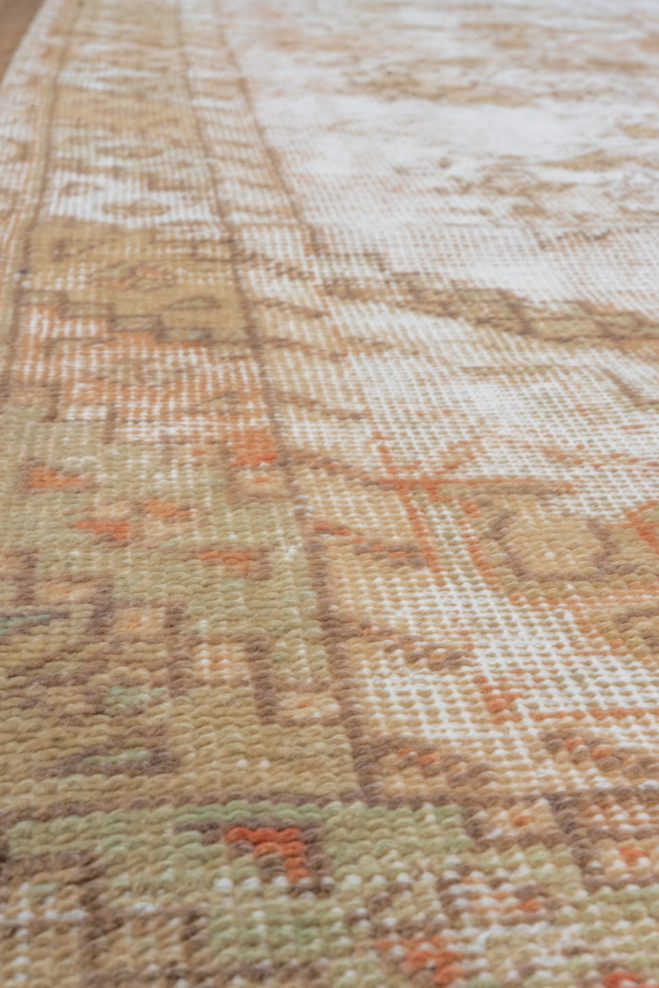 3' x 9' one-of-a-kind handmade vintage Oushak runner rug. Color palette: ivory, blush, taupe, beige, camel, sage