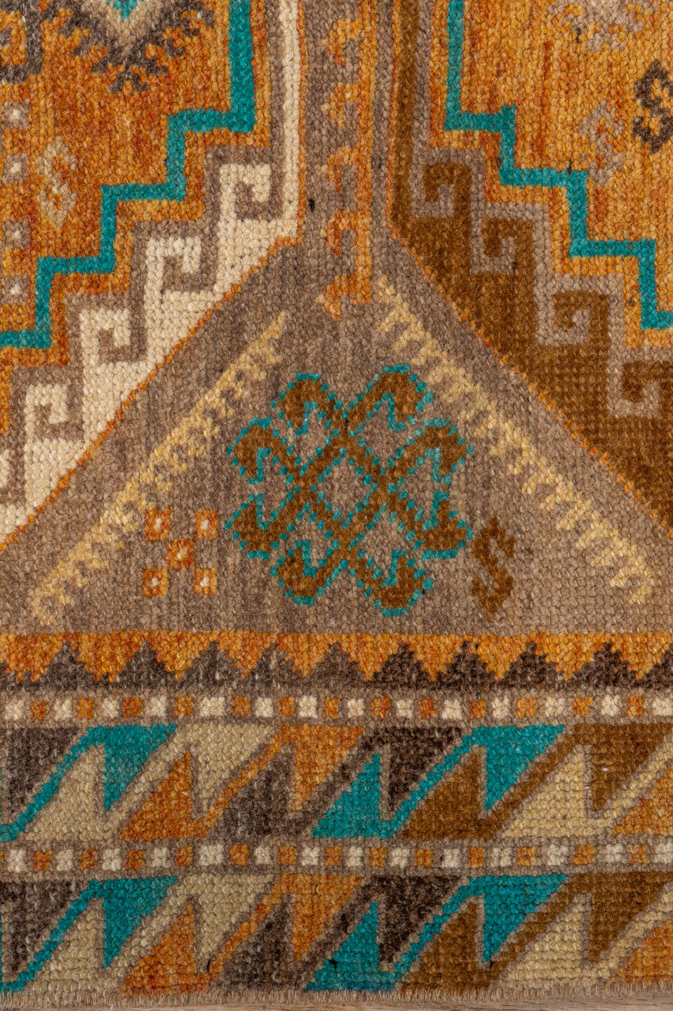 3' x 12' one-of-a-kind handmade vintage Oushak runner rug. Color palette: camel, rust, brown, ivory, turquoise, taupe, beige