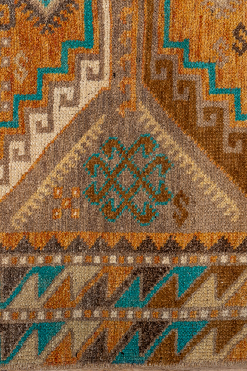 3' x 12' one-of-a-kind handmade vintage Oushak runner rug. Color palette: camel, rust, brown, ivory, turquoise, taupe, beige