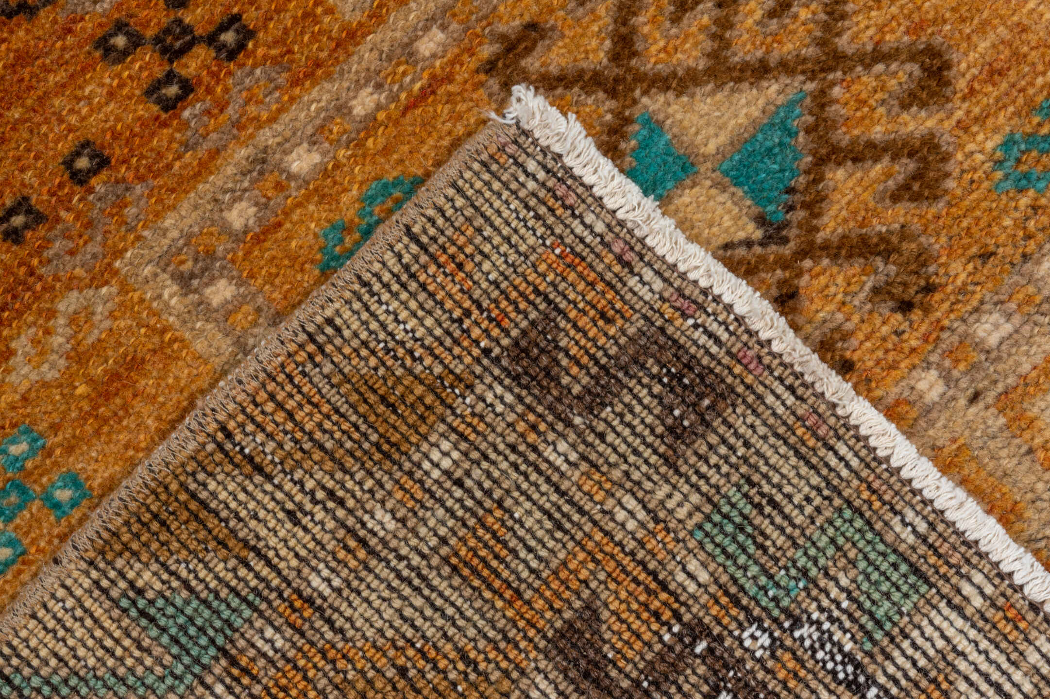3' x 12' one-of-a-kind handmade vintage Oushak runner rug. Color palette: camel, rust, brown, ivory, turquoise, taupe, beige