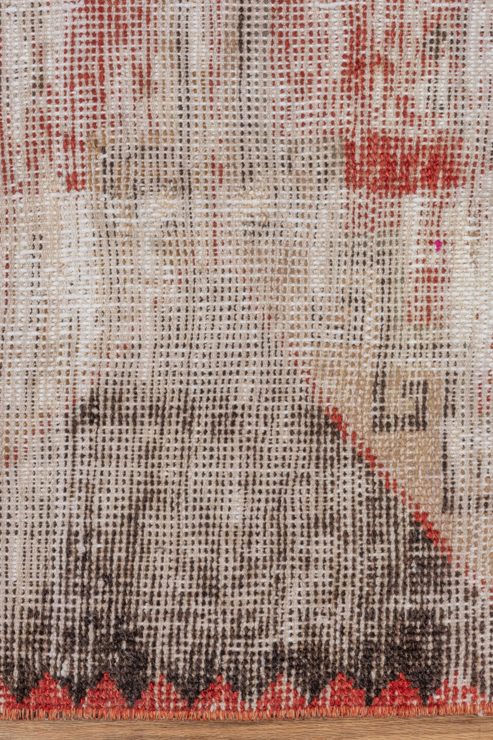 2' x 11' one-of-a-kind handmade vintage Oushak runner rug. Color palette: brown, gray, light gray, off-white, pink, red