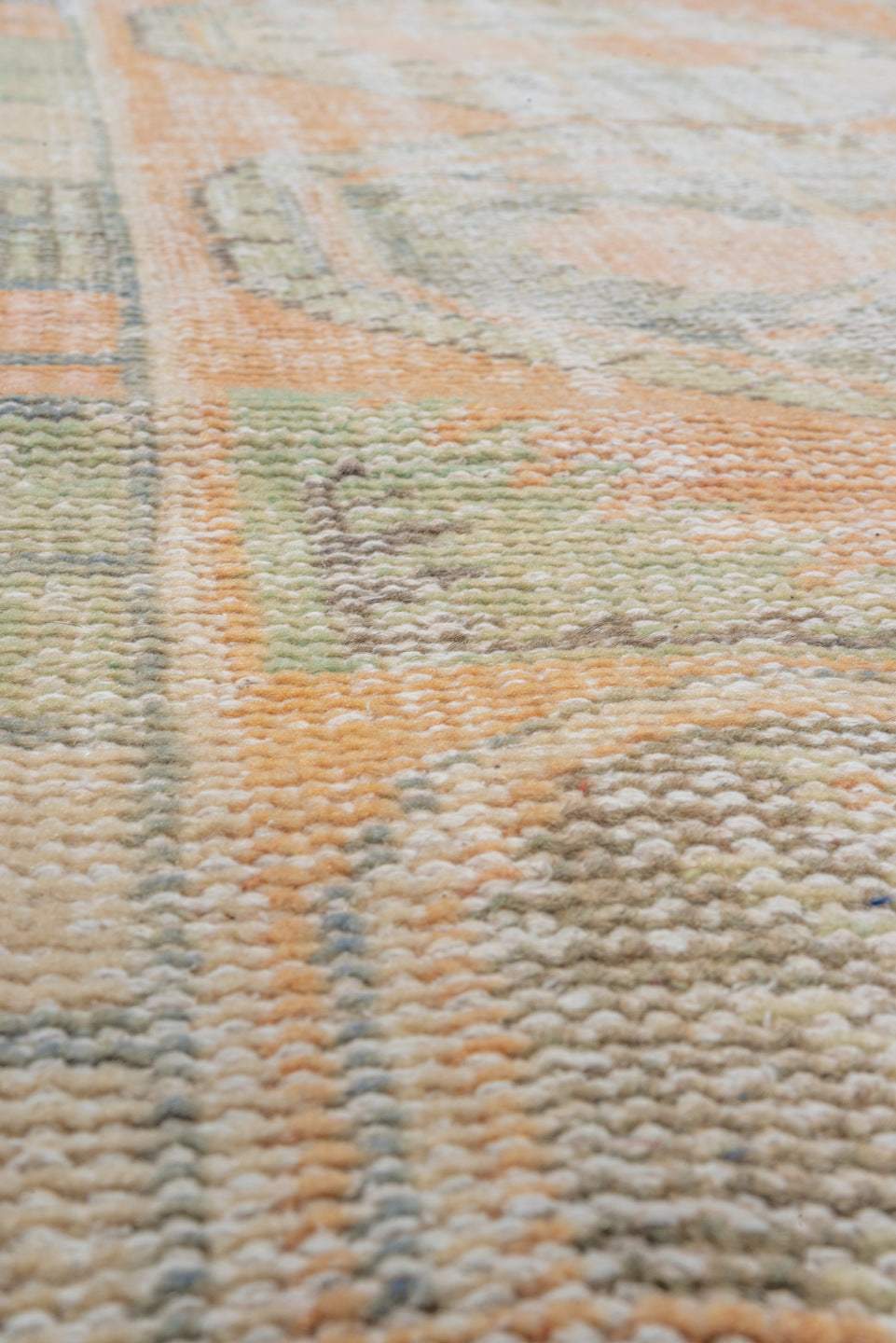 2' x 11' one-of-a-kind handmade vintage Oushak runner rug. Color palette: peach, sage, taupe, ivory, camel, gray, terracotta