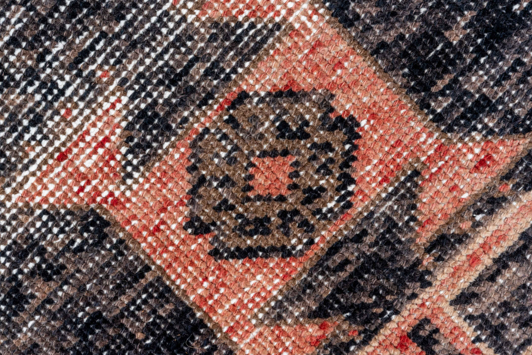 3' x 6' one-of-a-kind handmade vintage Oushak runner rug. Color palette: coral, charcoal, ivory, rose, taupe, terracotta