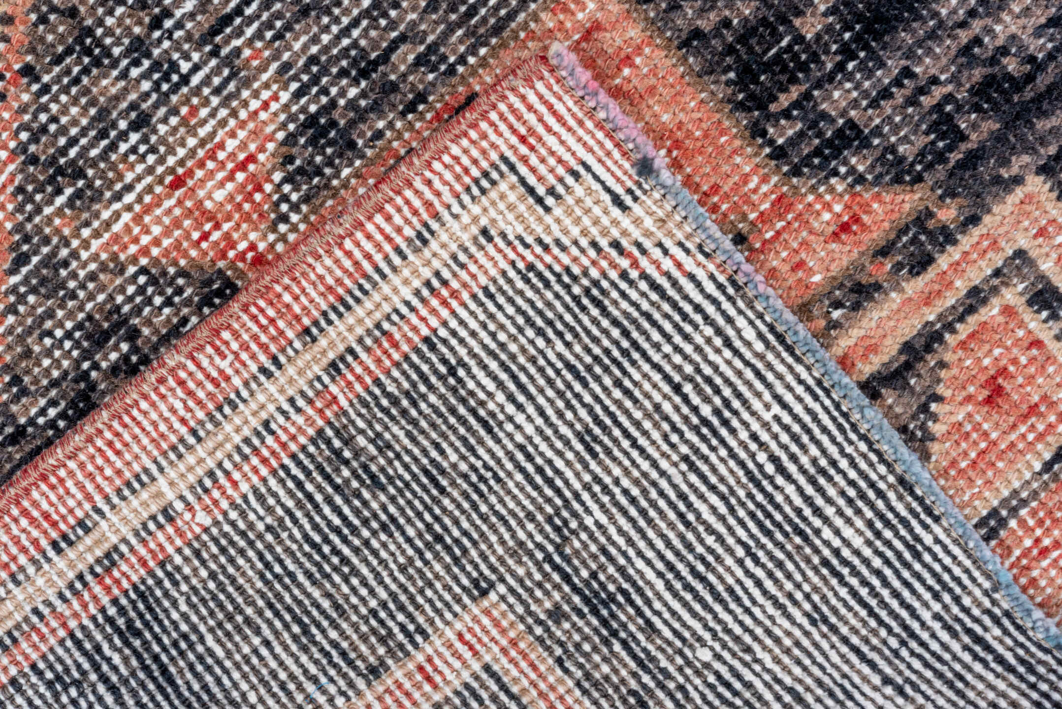 3' x 6' one-of-a-kind handmade vintage Oushak runner rug. Color palette: black, brown, charcoal, gray, light gray, pink