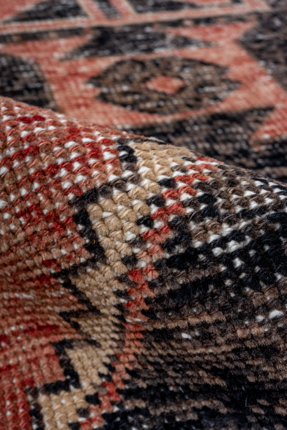 3' x 6' one-of-a-kind handmade vintage Oushak runner rug. Color palette: black, brown, charcoal, gray, light gray, pink