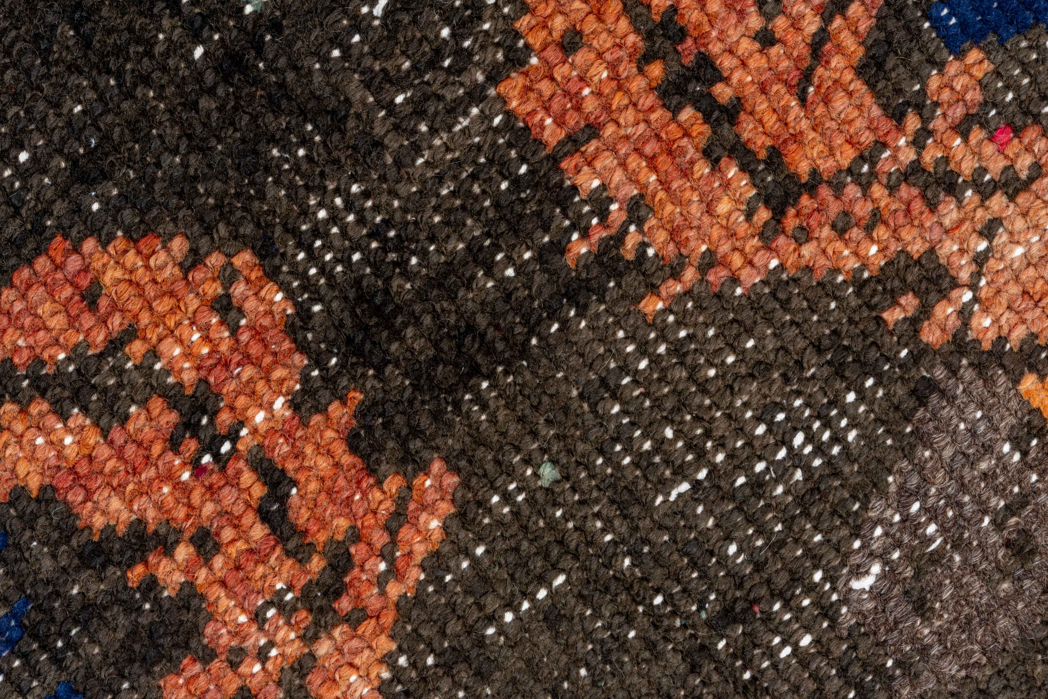 3' x 14' one-of-a-kind handmade vintage Oushak runner rug. Color palette: black, brown, gray, off-white, pink, red, snow