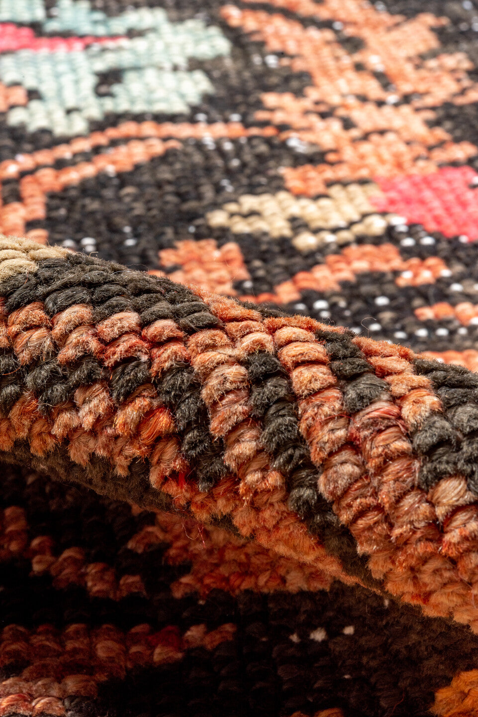 3' x 14' one-of-a-kind handmade vintage Oushak runner rug. Color palette: black, brown, gray, off-white, pink, red, snow