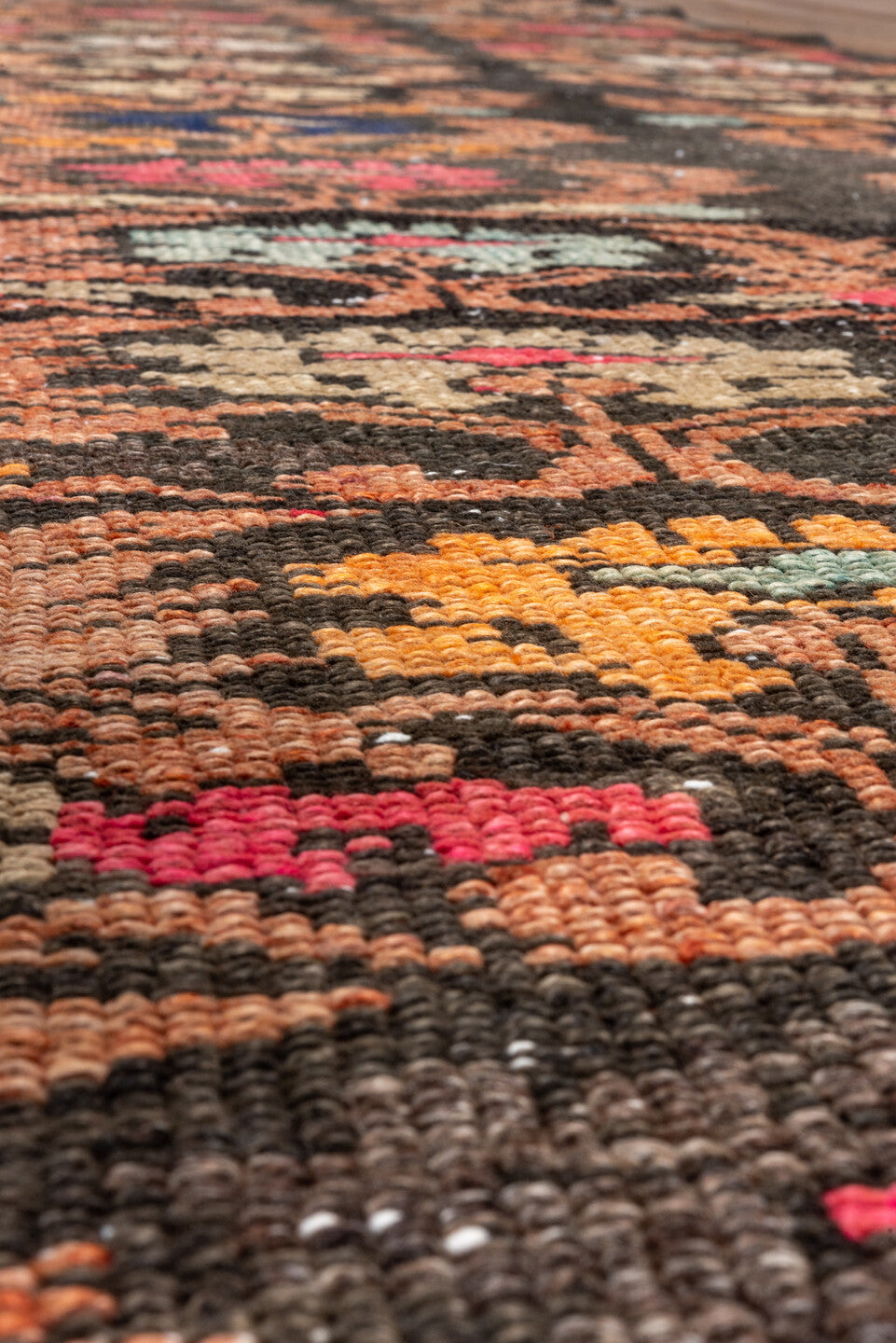3' x 14' one-of-a-kind handmade vintage Oushak runner rug. Color palette: black, brown, gray, off-white, pink, red, snow
