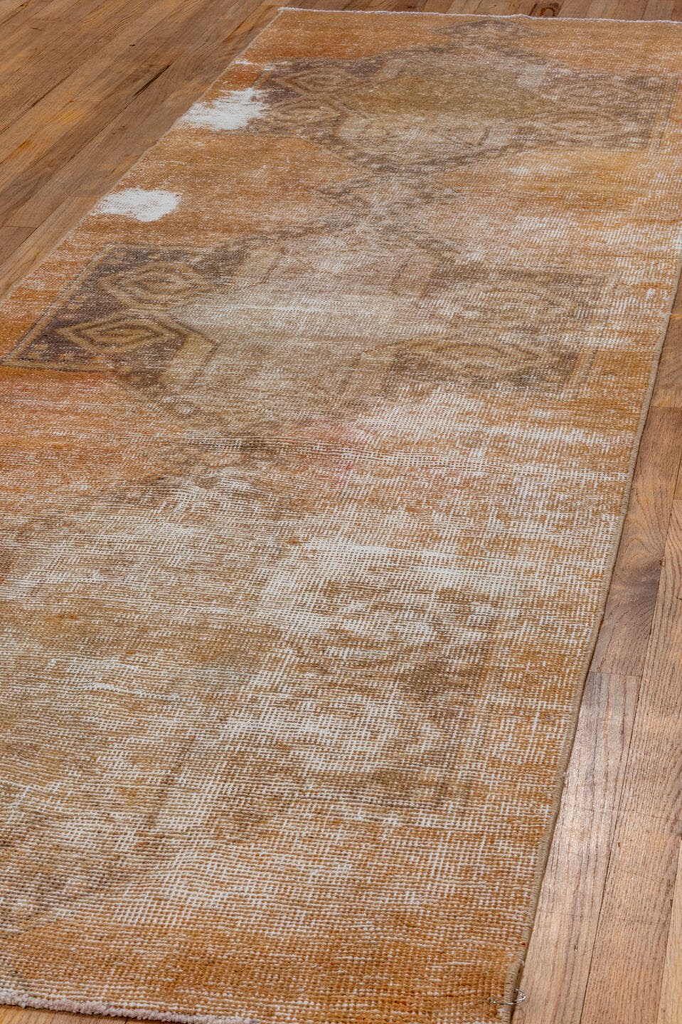 3' x 9' one-of-a-kind handmade vintage Oushak runner rug. Color palette: camel, taupe, beige, ivory, brown, gray